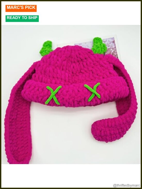 Chunky Beanie with Devil Horns Hand-Crochet Chenille Hat Floppy Ears Slouchy